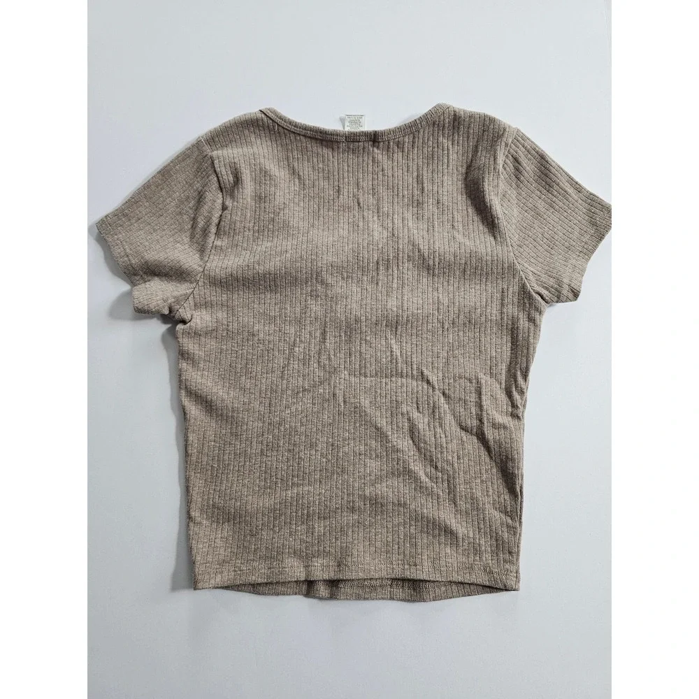 Ribbed V Neck Tee Womens S‎ Taupe Fitted Basic Minimalist Crop Top
